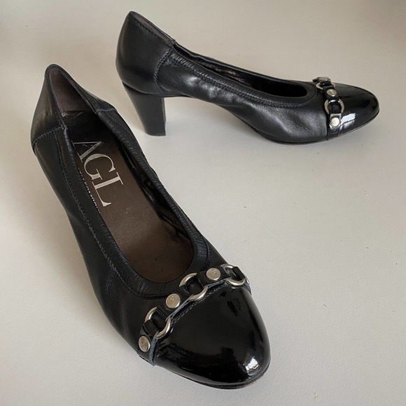 AGL Attilio Giusti Leombruni Pump Black Leather Patent Cap Toe Block Hee… - Picture 2 of 6